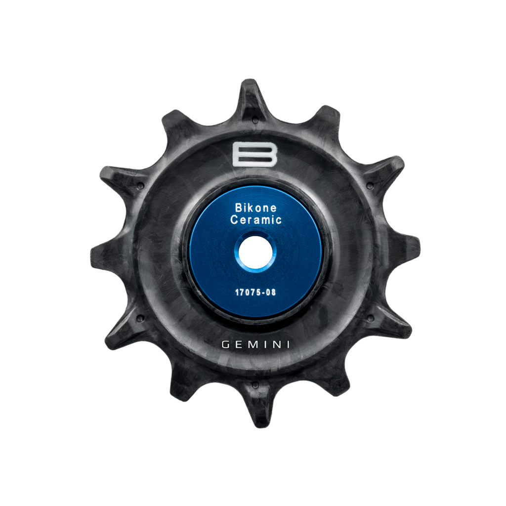 Bikone Forged Carbon Pulley Wheels, 12T upper pulley with Gemini logo and blue bearing cover, road bike drivetrain components