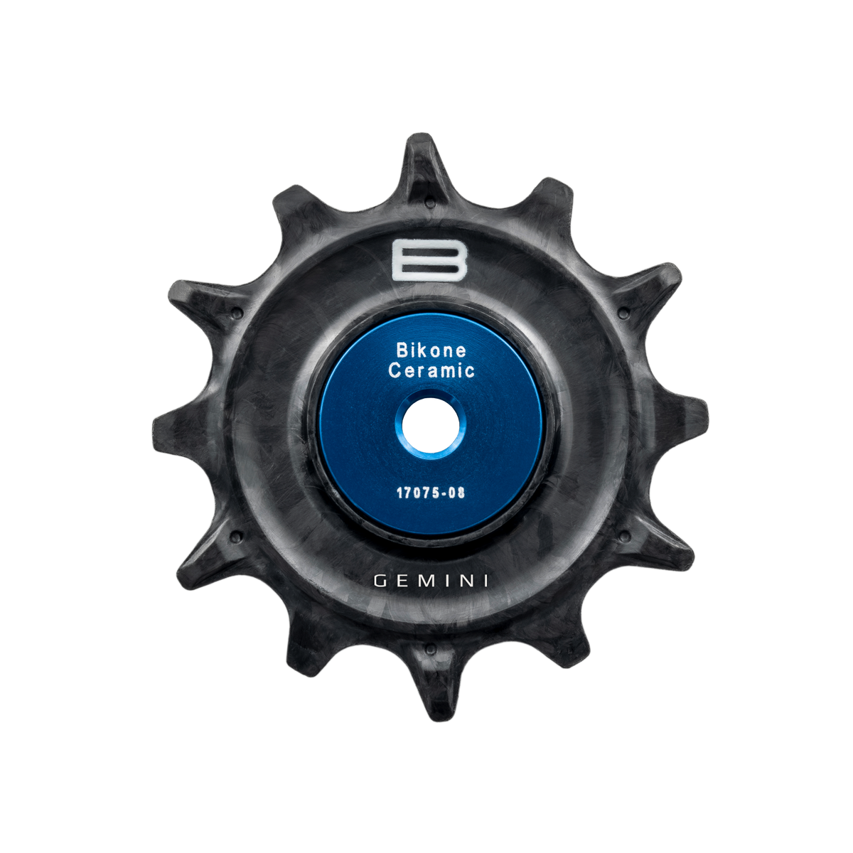 Bikone Forged Carbon Pulley Wheels, 12T upper pulley with Gemini logo and blue bearing cover, road bike drivetrain components