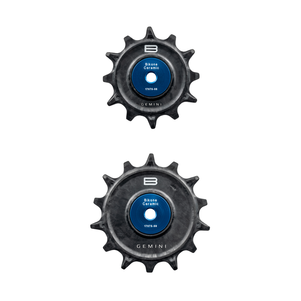 Bikone Forged Carbon Pulley Wheels, 12T upper and 14T lower pair with blue ceramic bearing covers, derailleur pulley wheels