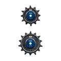 Bikone Forged Carbon Pulley Wheels, 12T upper and 14T lower pair with blue ceramic bearing covers, derailleur pulley wheels