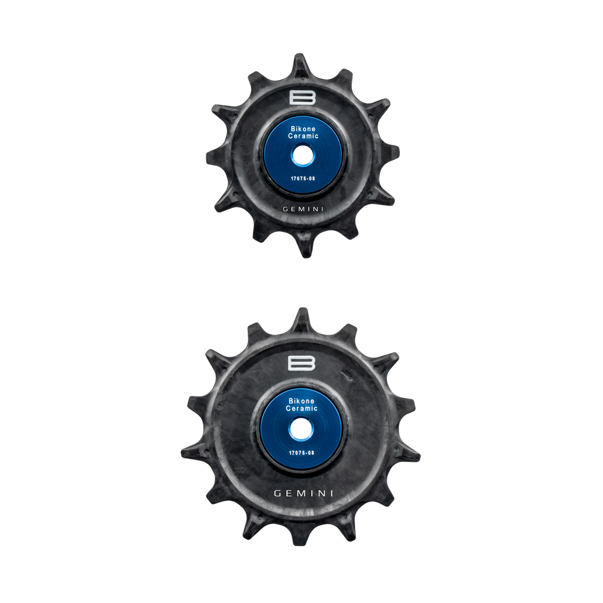 Bikone Forged Carbon Pulley Wheels, 12T upper and 14T lower pair with blue ceramic bearing covers, derailleur pulley wheels