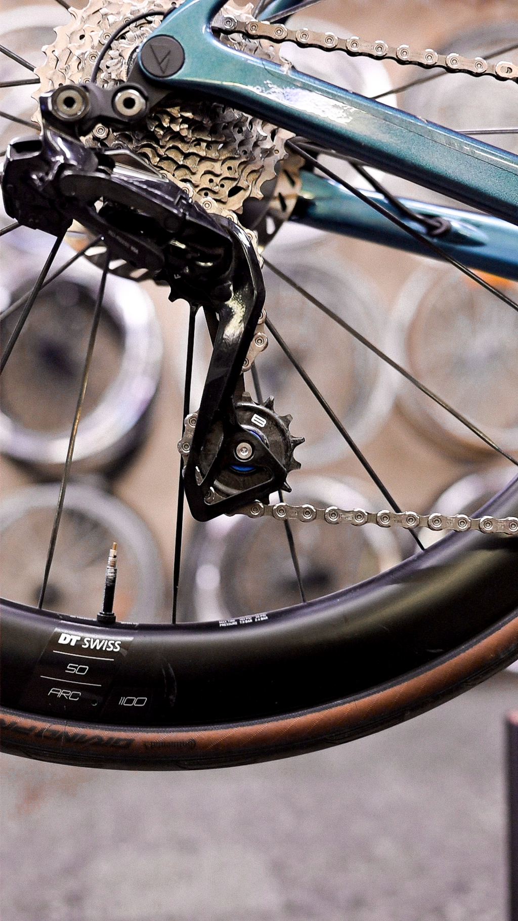 Bikone Forged Carbon Pulley Wheels, fitted to a road bike rear derailleur below the cassette, road bike drivetrain components